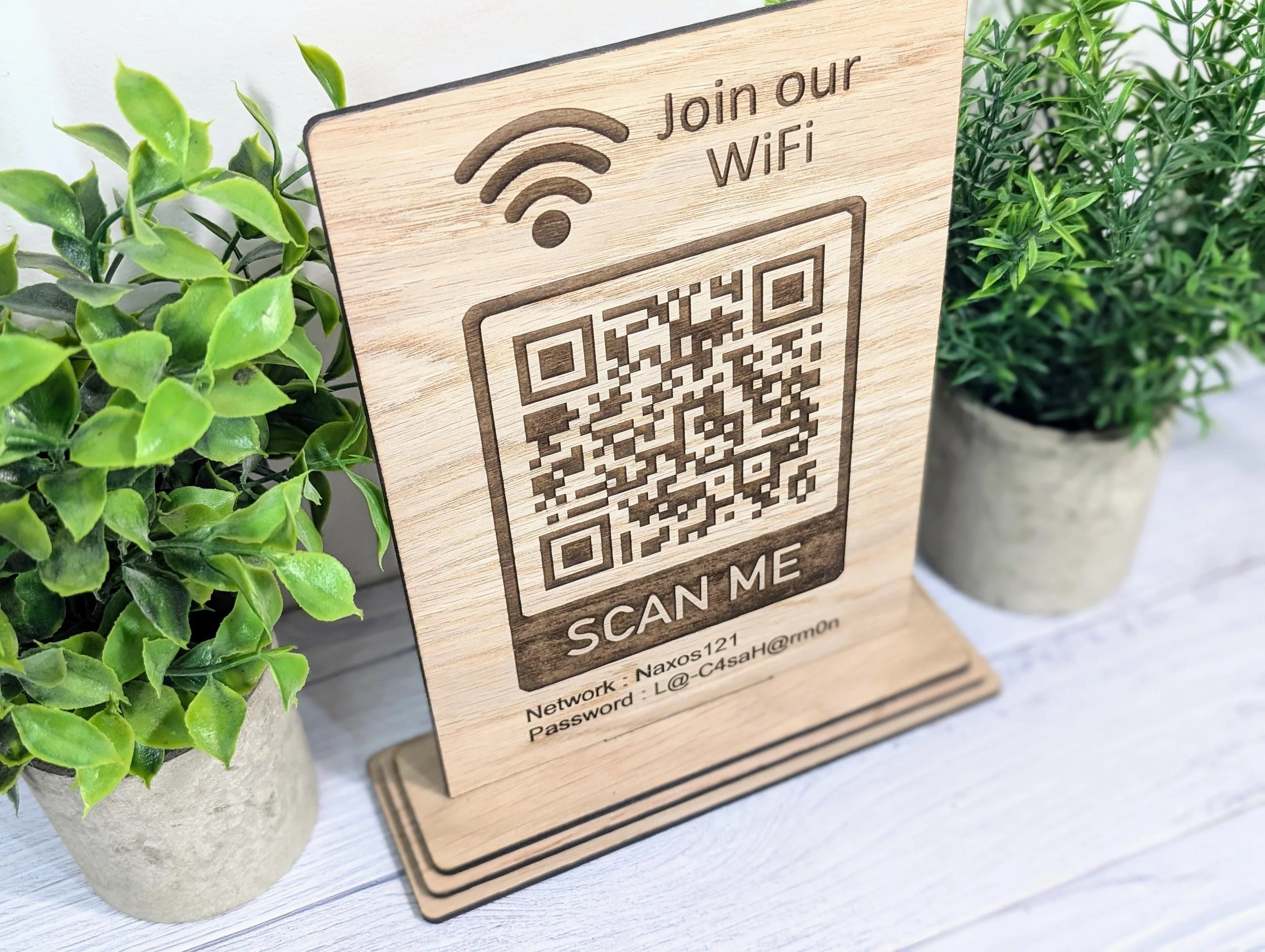 Wooden WiFi QR Code Sign, XL Size, Eco-Friendly Custom Network Name and Password Table Display, Single or Double-Sided, Businesses or Homes - Image 3