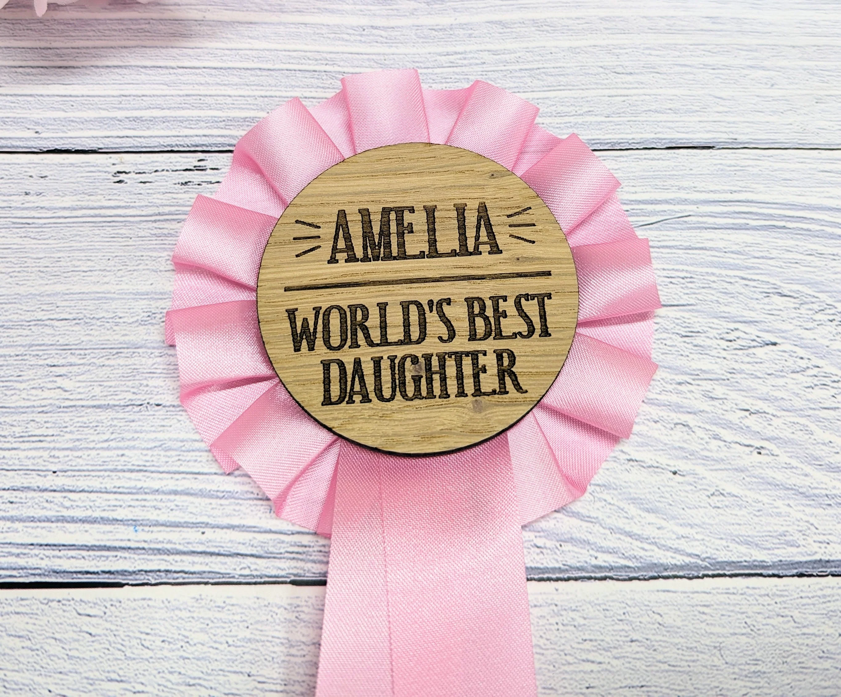 World's Best Daughter, Personalised Wooden Rosette | Pink Award Ribbon | Birthday Gift | Custom Name | Oak Veneer | Handcrafted in the UK