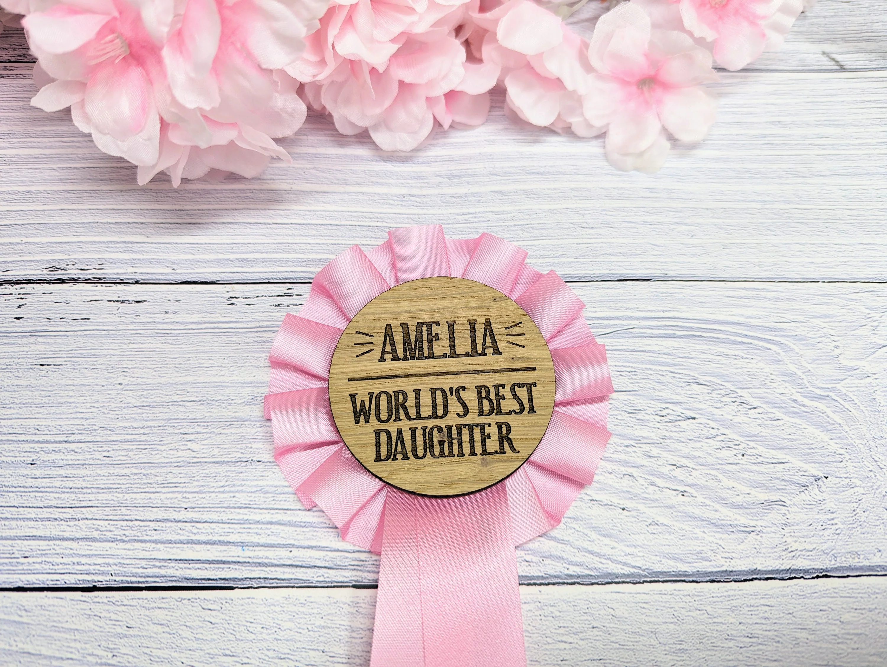 World's Best Daughter, Personalised Wooden Rosette | Pink Award Ribbon | Birthday Gift | Custom Name | Oak Veneer | Handcrafted in the UK - Image 2