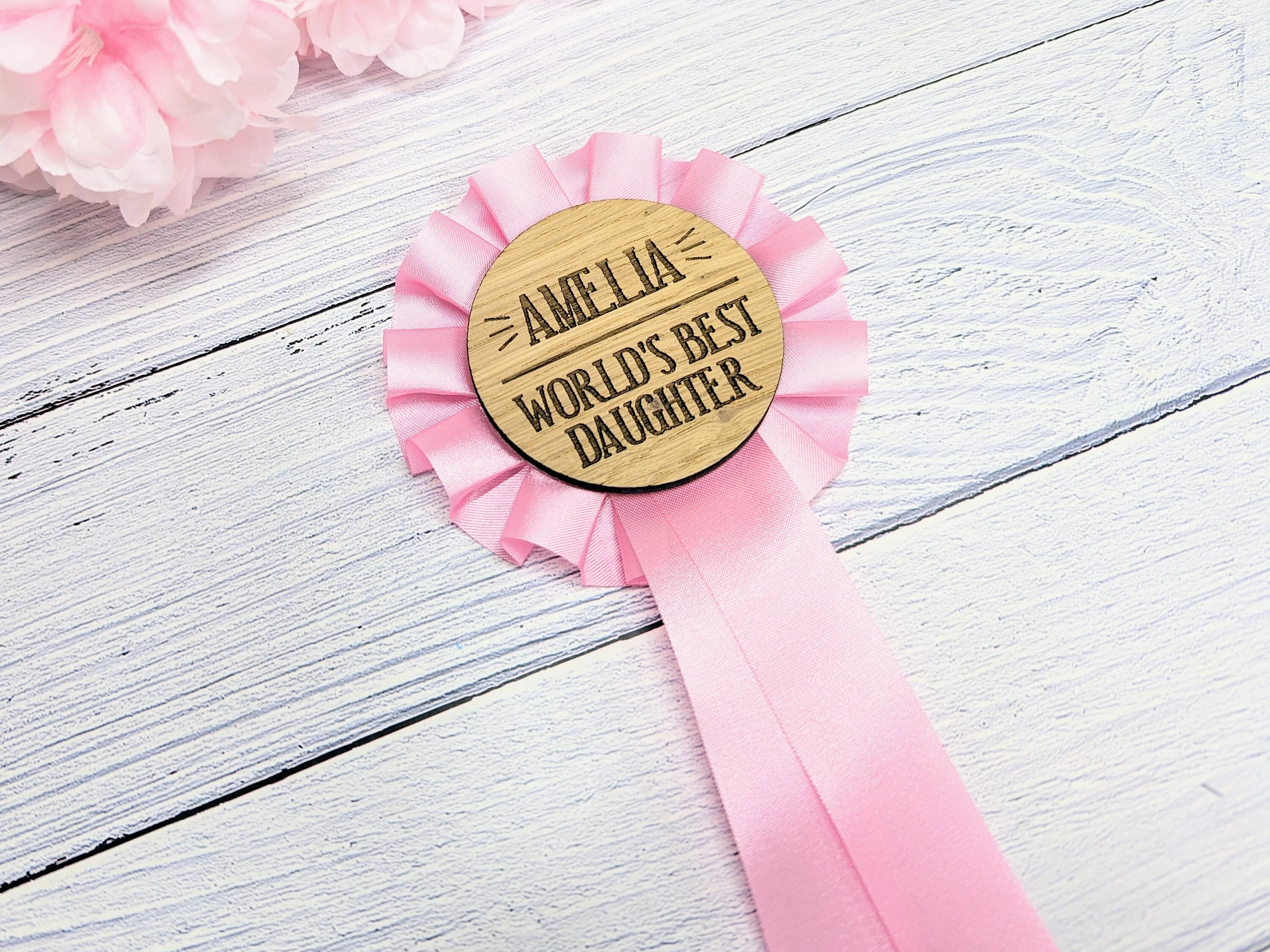 World's Best Daughter, Personalised Wooden Rosette | Pink Award Ribbon | Birthday Gift | Custom Name | Oak Veneer | Handcrafted in the UK - Image 3