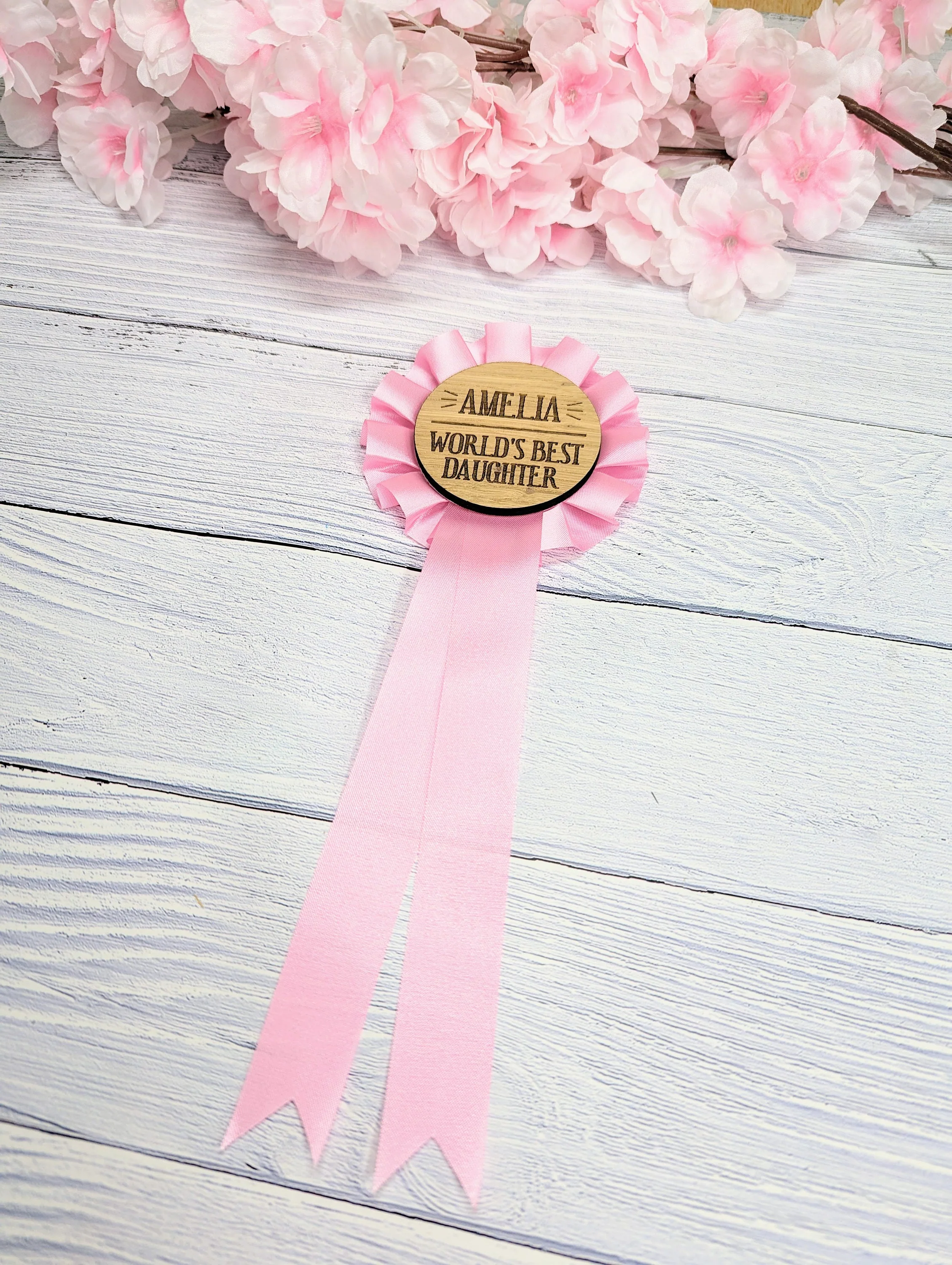 World's Best Daughter, Personalised Wooden Rosette | Pink Award Ribbon | Birthday Gift | Custom Name | Oak Veneer | Handcrafted in the UK - Image 5