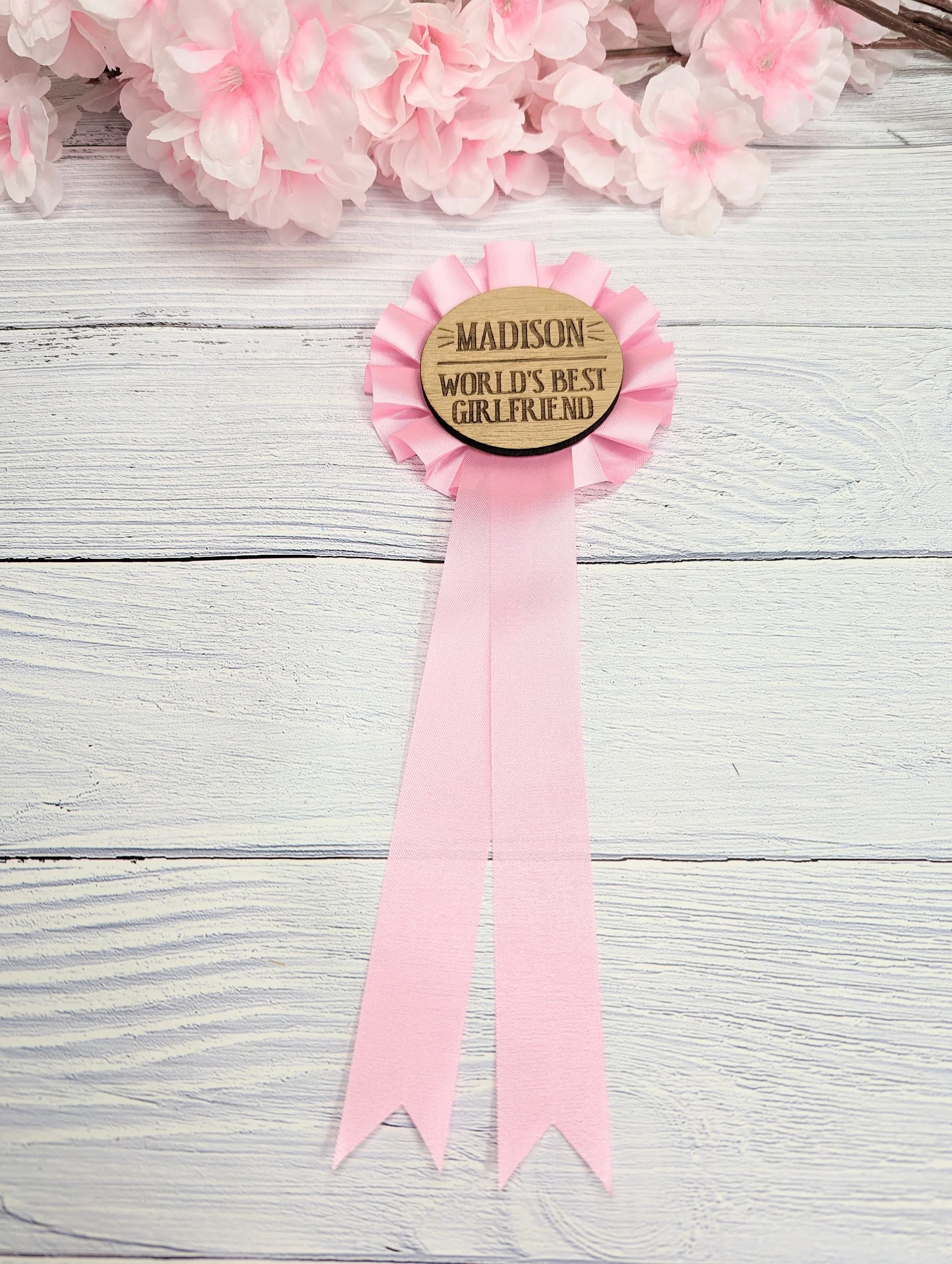 World's Best Girlfriend, Personalised Pink Wooden Rosette | Award Ribbon | Anniversary Gift | Custom Name | Oak Veneer | Crafted in the UK - Image 4