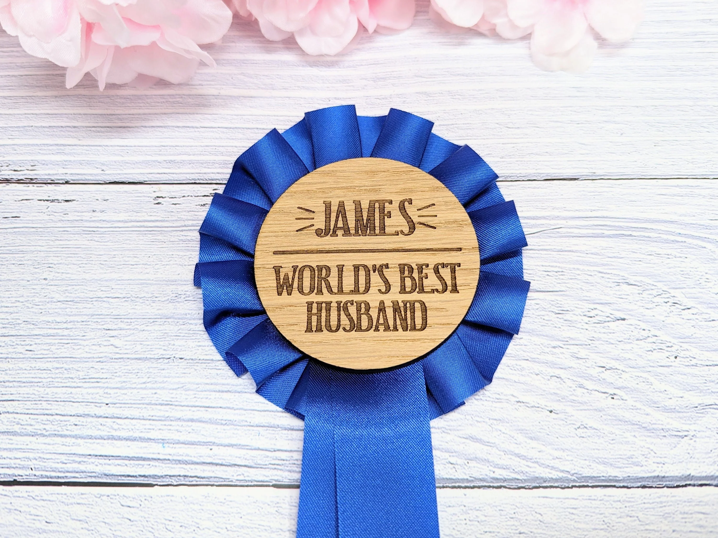 World's Best Husband, Personalised Wooden Rosette | Blue Award Ribbon | Anniversary Gift | Custom Name | Oak Veneer | Handcrafted in the UK