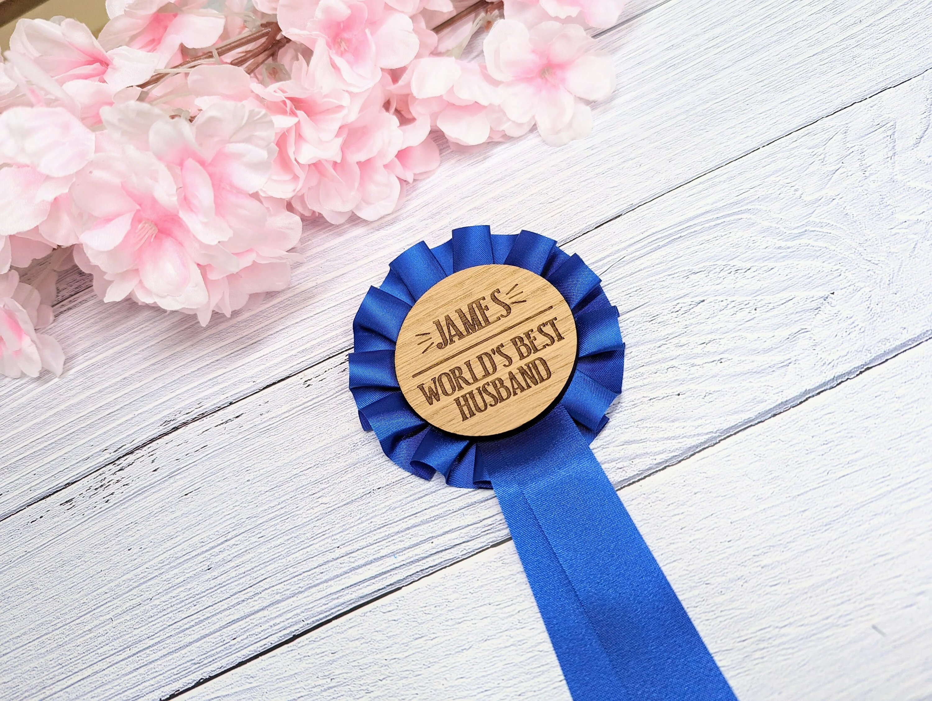 World's Best Husband, Personalised Wooden Rosette | Blue Award Ribbon | Anniversary Gift | Custom Name | Oak Veneer | Handcrafted in the UK - Image 3