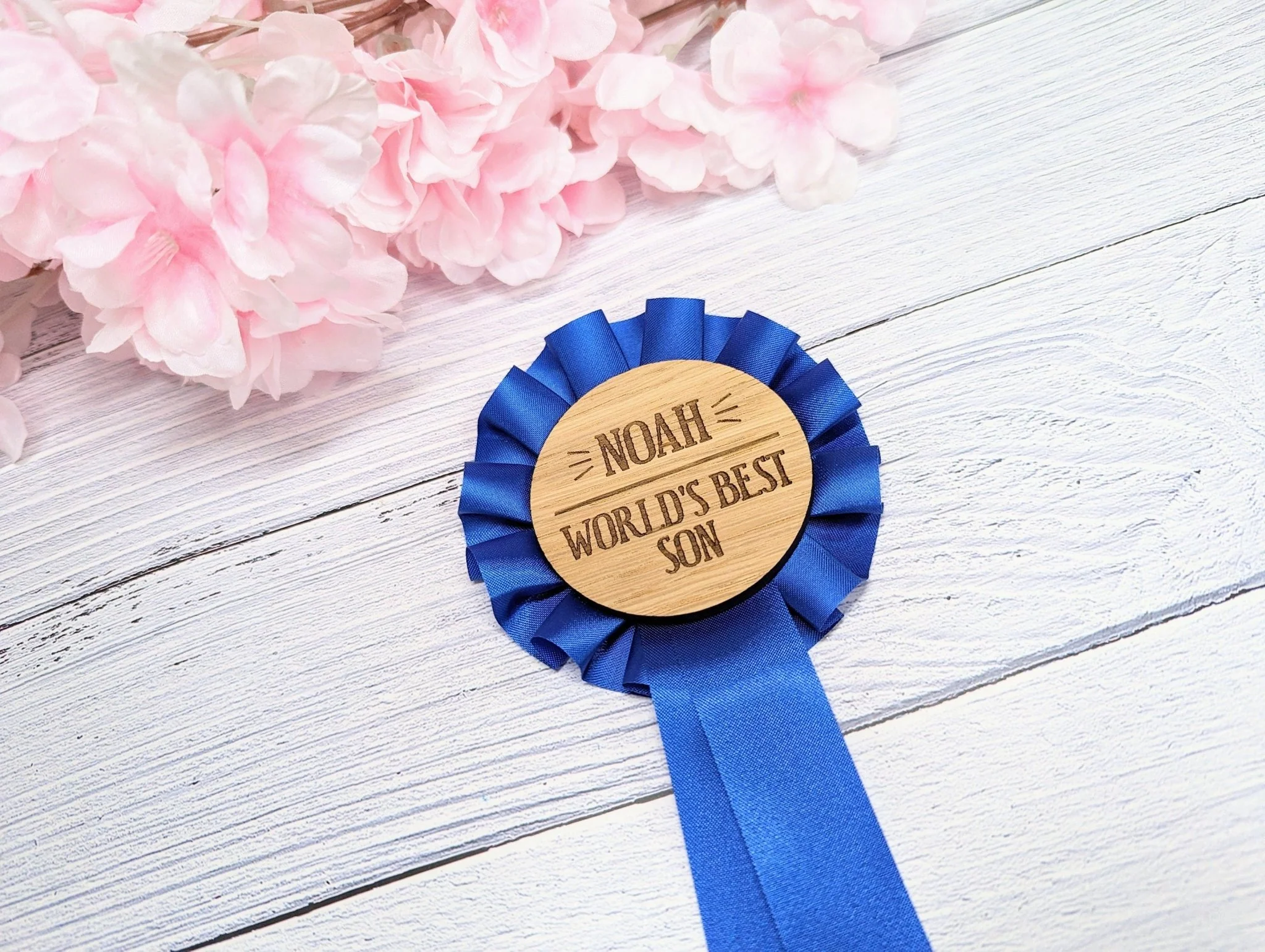 World's Best Son,  Personalised Wooden Rosette | Blue Award Ribbon | Birthday Gift | Custom Name | Oak Veneer | Handcrafted in the UK - Image 3