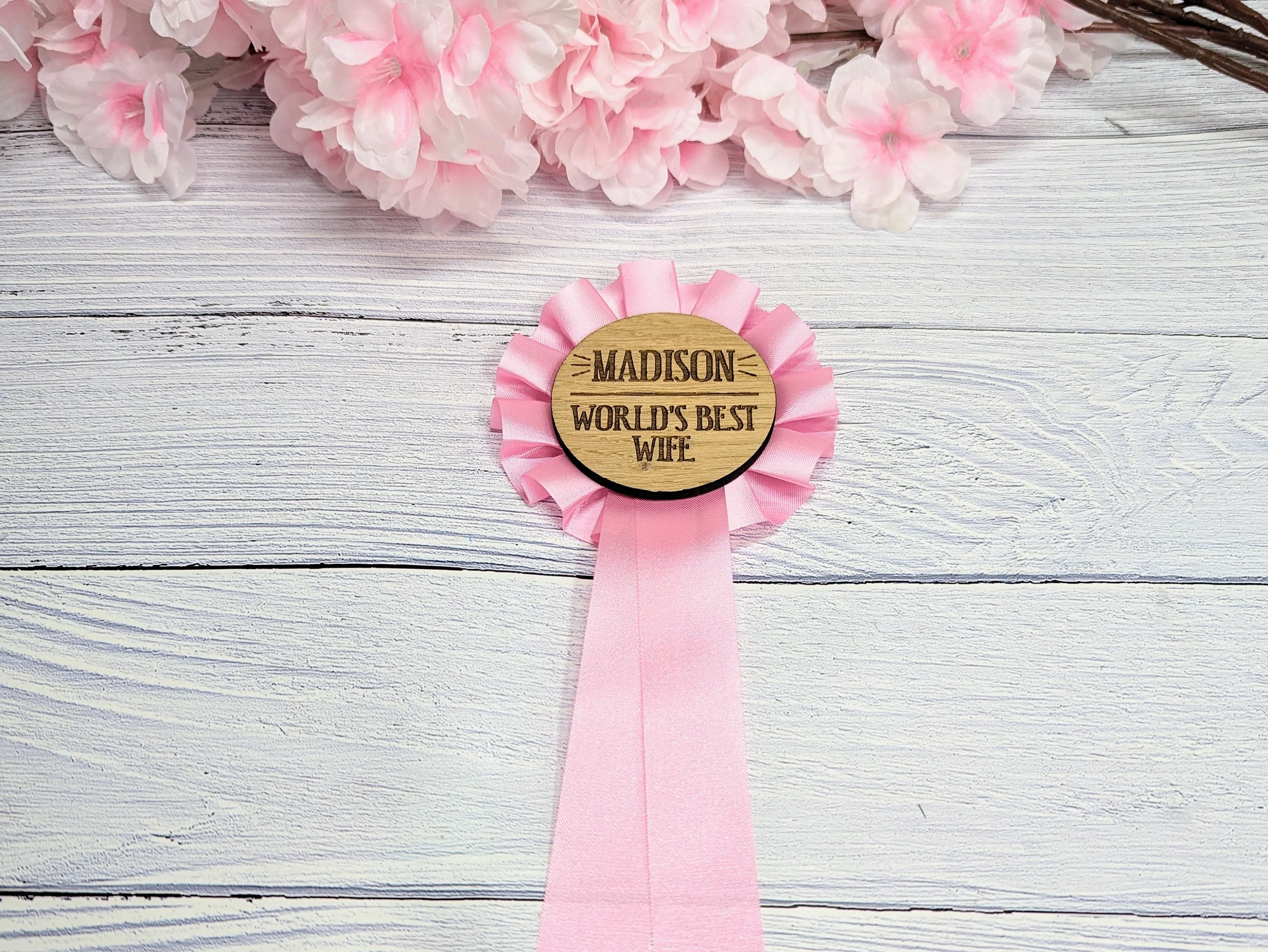 World's Best Wife, Personalised Pink Wooden Rosette | Award Ribbon | Anniversary Gift | Custom Name | Oak Veneer | Hand Crafted in the UK - Image 3